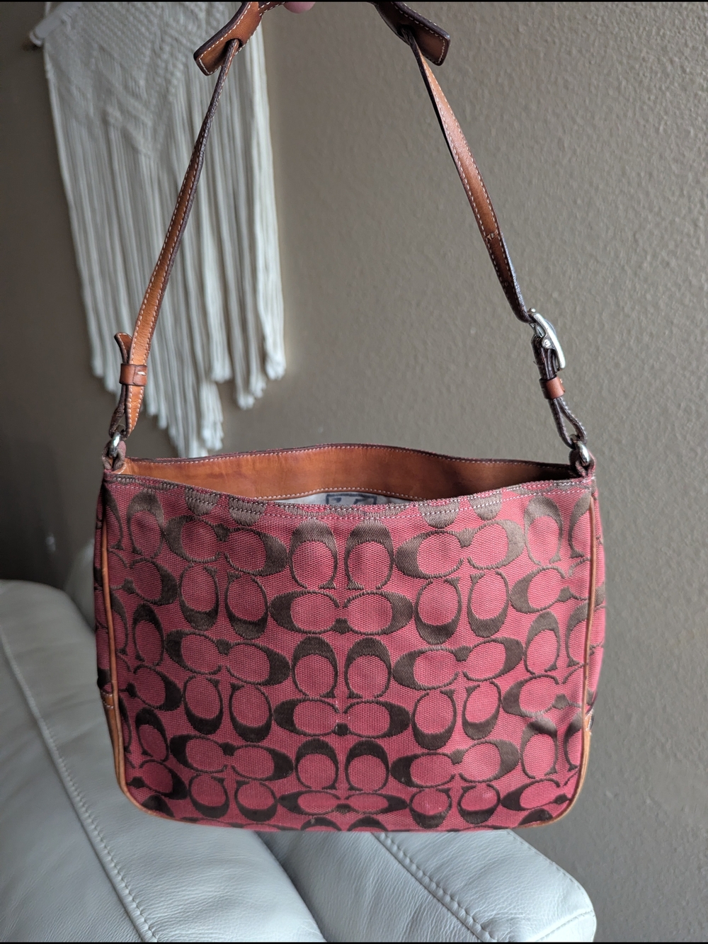 Coach Signature Canvas Shoulder Bag in Pink and Brown